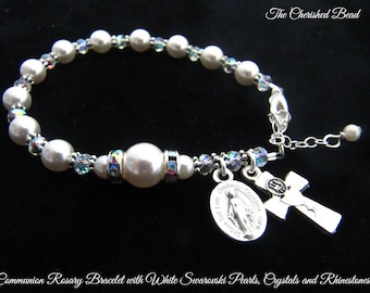 Traditional Catholic First Communion Rosary Bracelet with Swarovski Pearls, Crystals and Rhinestones