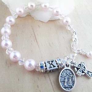 Girls Irish Baptism Rosary Bracelet with Swarovski Light Pink Pearls, Rhinestones, and Crystals - Initial Bead of Choice - Christening Gift