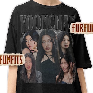 May include: Black oversized t-shirt featuring a graphic of a group of women. The shirt has the word "YOONCHA" printed across the top and the text "FURFUNFITS" on the side. The shirt is worn by a person with short, light-colored hair.