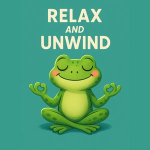 Puede incluir: Ilustración de dibujos animados de una rana verde en posición de meditación, con los ojos cerrados y las manos en un mudra de yoga. La rana tiene mejillas rosadas y está sobre un fondo turquesa. Las palabras "RELAX AND UNWIND" están escritas en blanco.