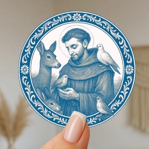 Sticker van Sint Franciscus van Assisi: Chinoiserie blauw-wit, cadeau voor dierenliefhebbers