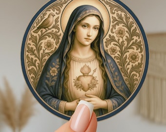 Adesivo da Virgem Maria | Adesivo religioso mariano devocional para oração, cadernos, laptops | Adesivo católico do Sagrado Coração da Virgem Maria