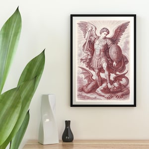 Archangel St Michael Poster Print (Red) - Divine Protection Artwork, Home Decor, Spiritual Gift, Wall Art, Unique Gift Idea, Catholic Art