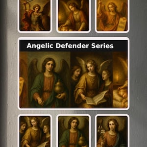 Serie "Defensor Angélico" con 5 láminas de arcángeles como descargas digitales para arte mural católico, decoración de ángeles guardianes y pósteres de ángeles religiosos.