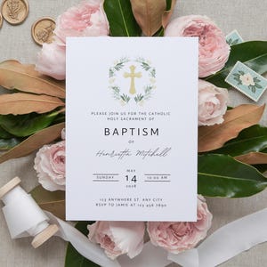 Katholieke doopuitnodiging bewerkbare tekst Elegant aanpasbaar Heilig Sacrament Doopviering uitnodigen afdrukbare pdf