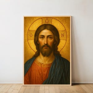 Jesus Christ Traditional Orthodox Icon Digital Download in Gold and Oil Painting Style with Greek Halo “He Who Is” Religious Wall Art