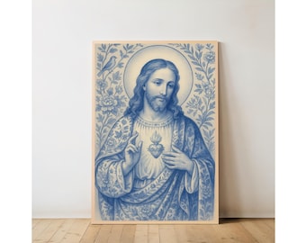 Sacred Heart of Jesus Catholic Art | Catholic Wall Art | Chinoiserie Wall Art | (Digital Download)