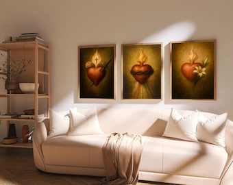 Láminas de los Inmaculados Corazones de Jesús, María y José, arte mural católico (descarga digital, juego de 3)