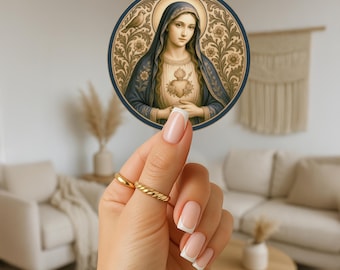 Marienaufkleber | Religiöser Marienaufkleber für Gebete, Tagebücher, Laptops | Katholischer Aufkleber mit Herz-Jesu-Motiv – Geschenkidee