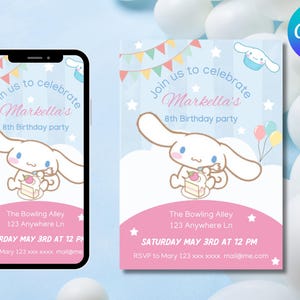 May include: A pink and blue birthday invitation with a cartoon character holding a cake. The invitation says "Join us to celebrate Markella's 8th Birthday party". The invitation also includes the date and time of the party, as well as the location: The Bowling Alley, 123 Anywhere Ln. RSVP to Mary 123 xxx xxxx mail@me.com