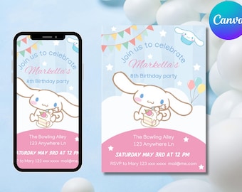 Cinnamonroll Girl Invitation, EDYTOWALNE cyfrowe pobieranie, Dziewczęce zaproszenie urodzinowe, Zaproszenie na imprezę dla słodkiego psa, Canva Edytowalne zaproszenie