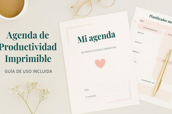 Agenda PDF Imprimible A4 en Español | Planner de Productividad y Bienestar | Planificador Diario y Mensual para Mujeres