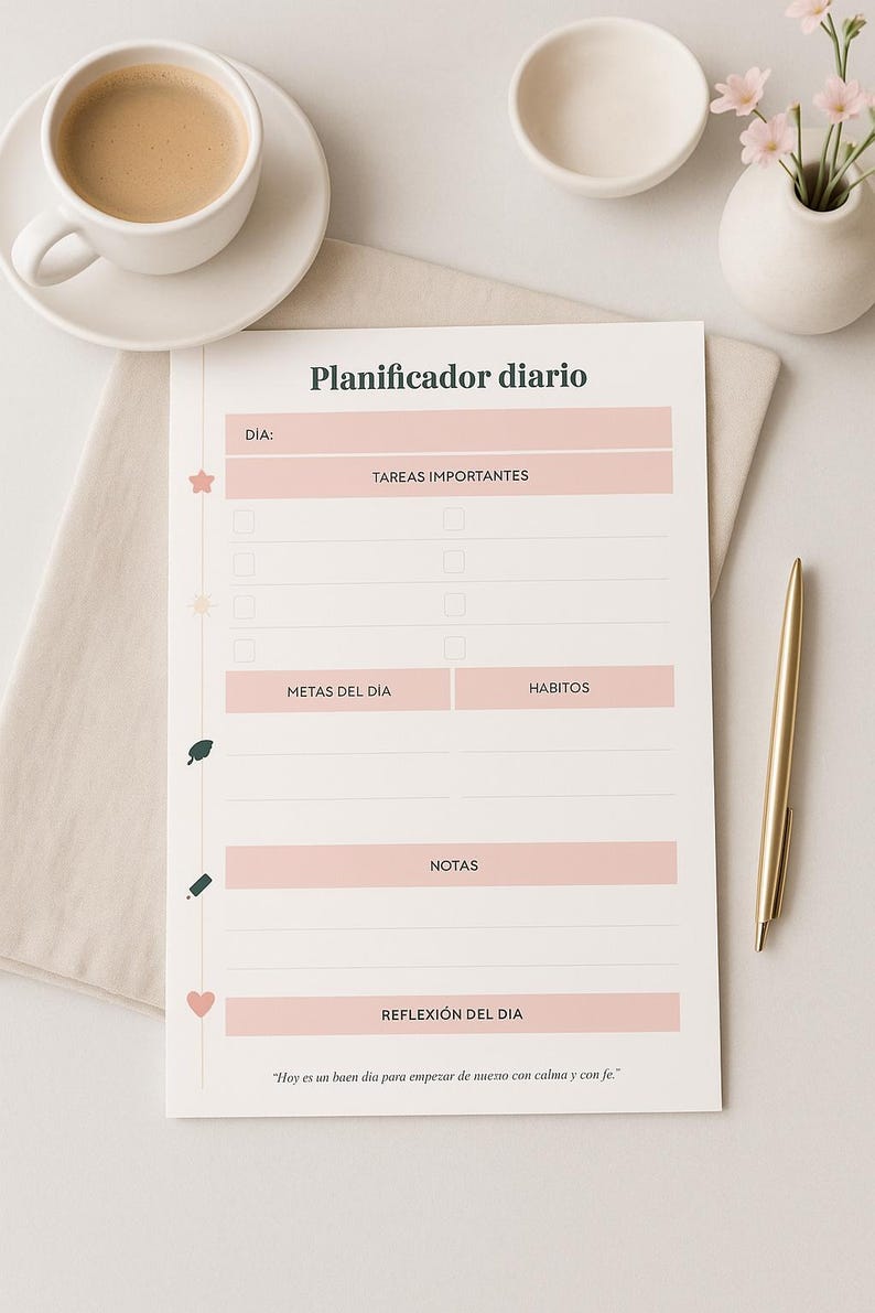 May include: A daily planner with the title "Planificador diario" in Spanish. The planner has sections for tasks, goals, habits, notes, and daily reflection. A cup of coffee, a pen, and a small vase with flowers are also in the image.
