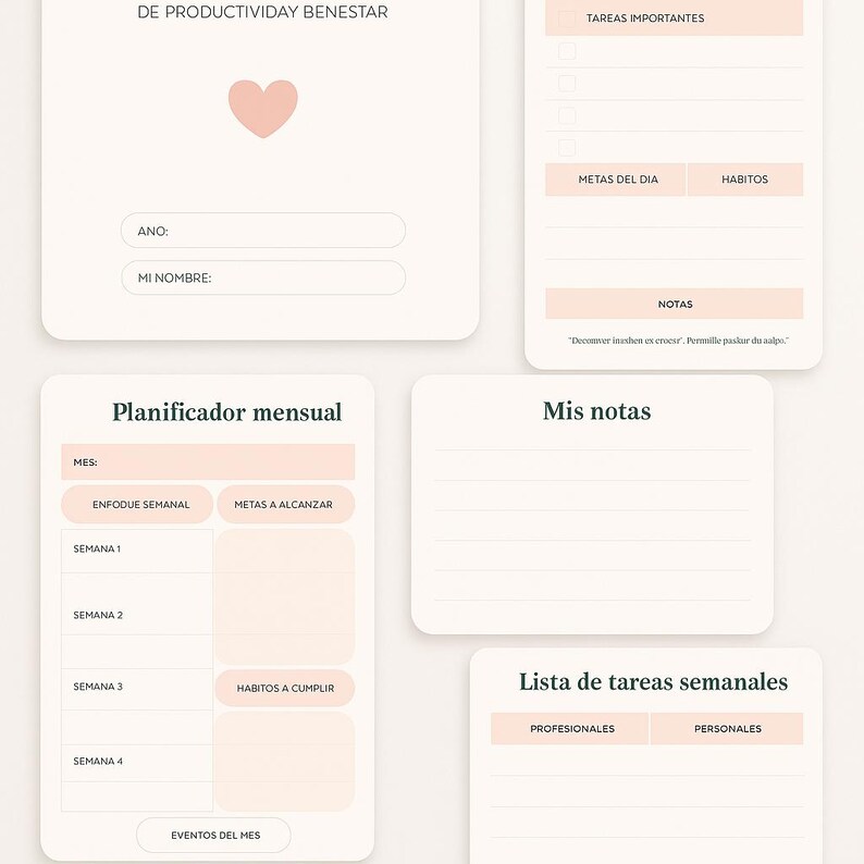 May include: A collection of light beige and peach-colored planner pages. The pages include sections for daily tasks, monthly planning, notes, and weekly to-do lists. Text in Spanish includes "Planificador mensual" and "Lista de tareas semanales."