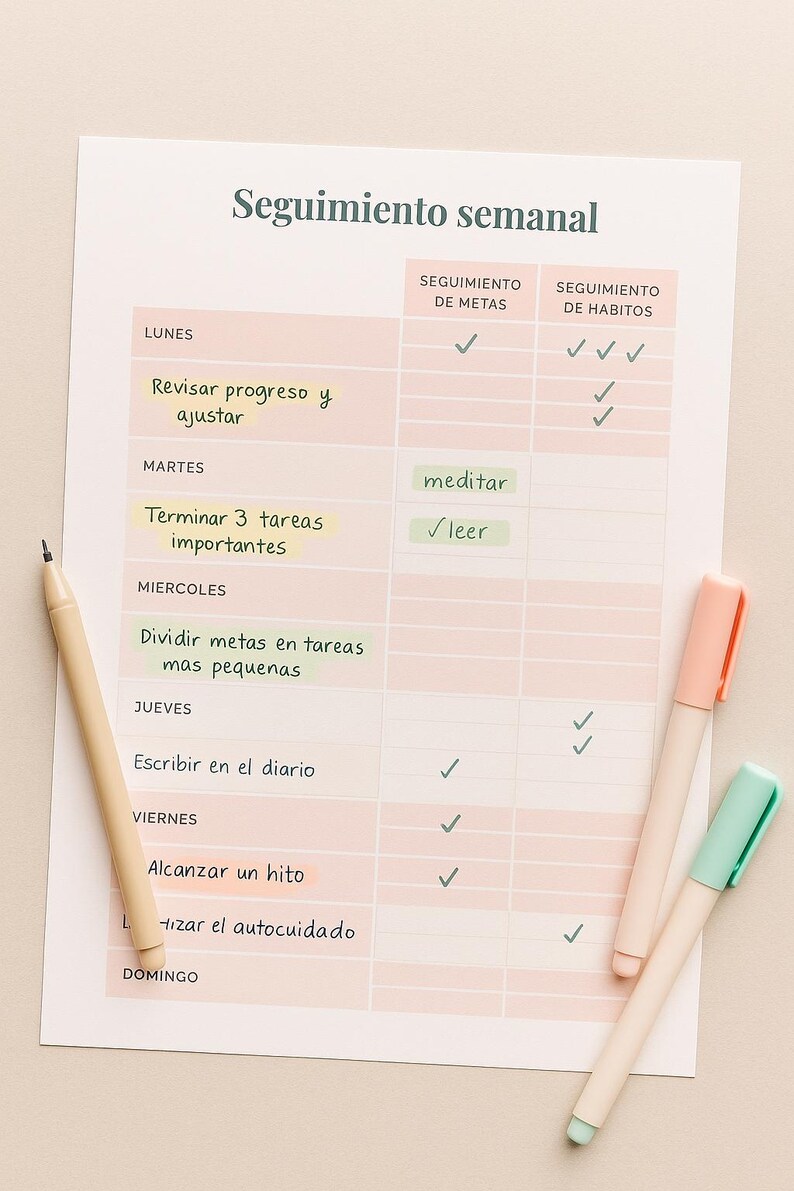 May include: A weekly planner titled "Seguimiento semanal" with a light pink and white color scheme. The planner includes sections for tracking goals and habits, with checkmarks indicating completed tasks. Two pastel-colored pens and a pencil are on the side.