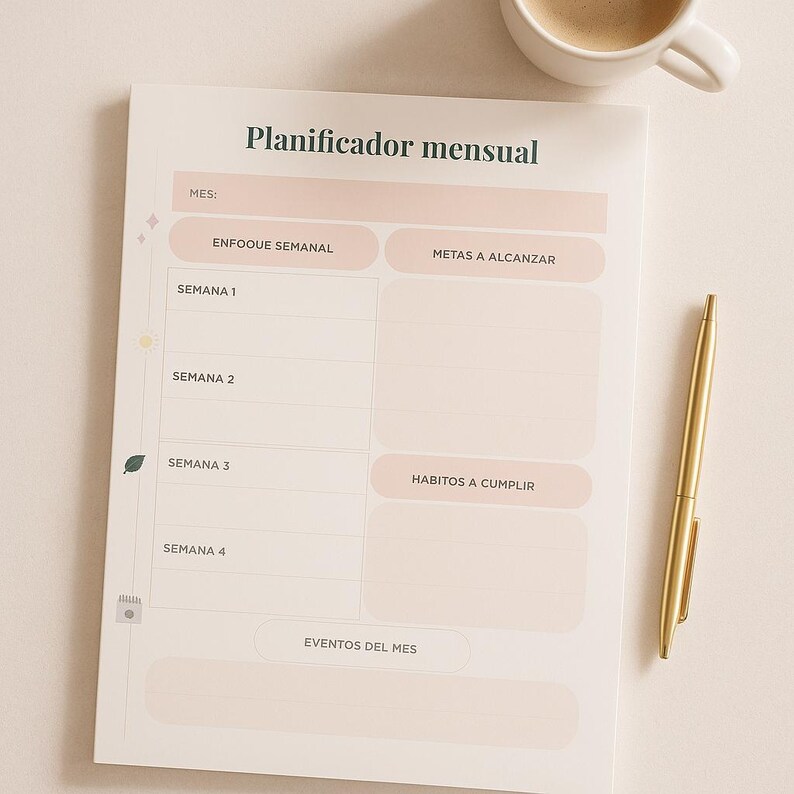 May include: A monthly planner with the title "Planificador mensual" in a soft, neutral color palette. The planner includes sections for weekly focus, goals, habits, and events. A gold pen and a cup of coffee are placed next to the planner.