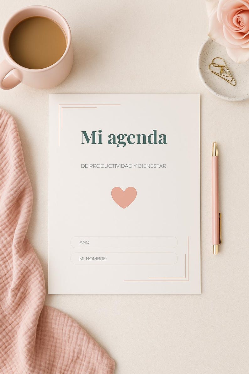 May include: A planner with the text "Mi agenda" and a heart graphic. A pink pen, a cup of coffee, a rose, and a small dish with a gold paperclip are also visible. The planner includes sections for the year and name.