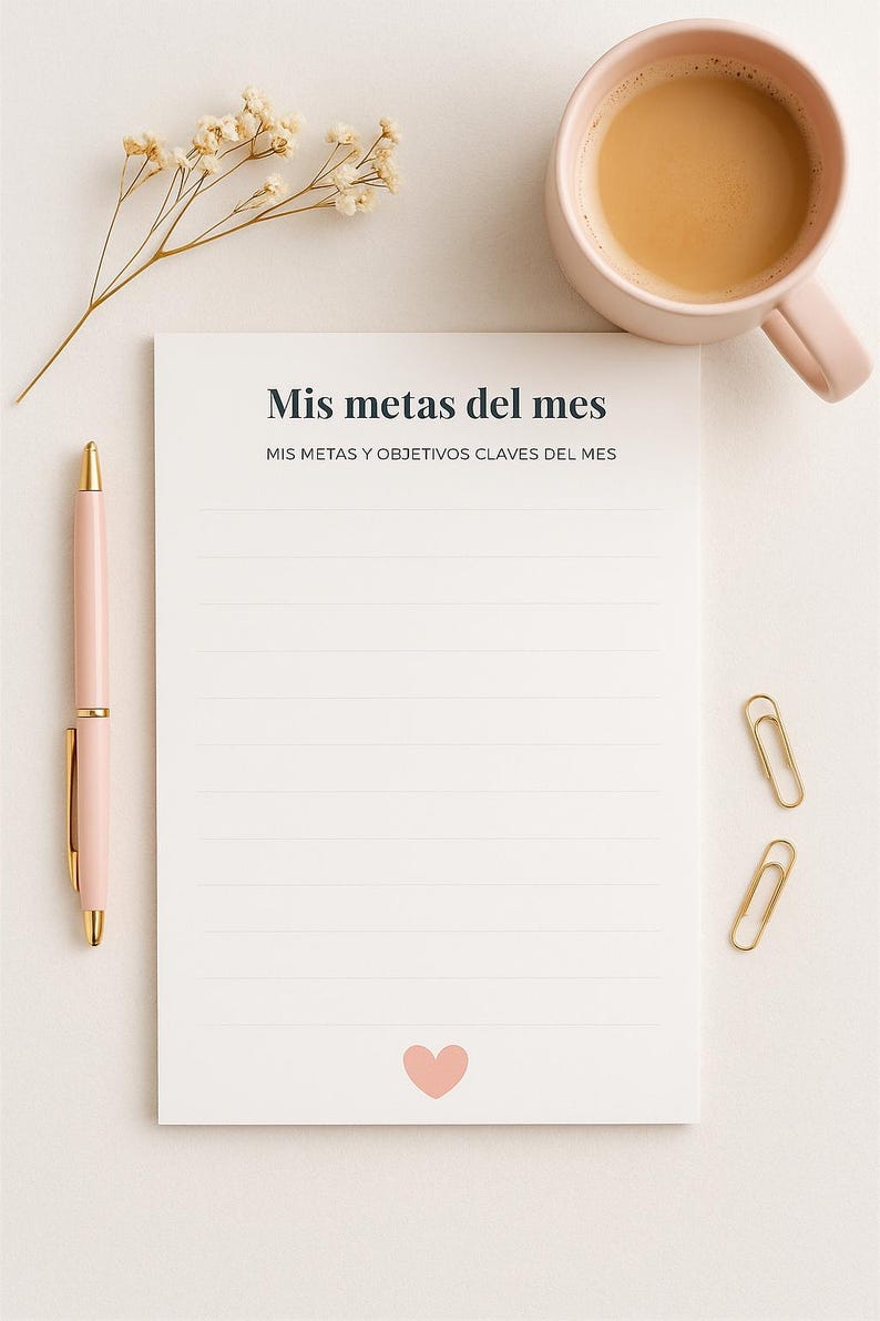 May include: A flat lay image featuring a pink mug with coffee, a notepad with the text "Mis metas del mes", a pink pen, dried flowers, and gold paper clips. The notepad has a pink heart at the bottom.