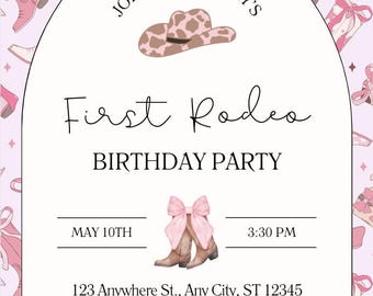 First Rodeo Girl Birthday Invitation: Pink Cow Print (Digital Download)