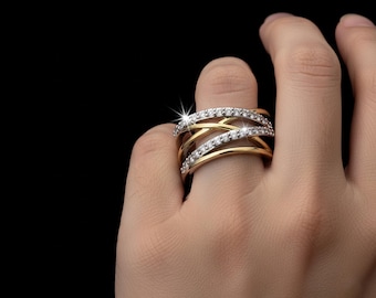 Two-Tone Criss-Cross Ring: Moissanite Diamond 925 Silver Wedding Band