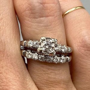 Art Deco Moissanite Engagement Ring Set: 14K Gold Bridal Wedding Rings