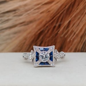 Antique Art Deco Sapphire Ring, Blue Baguette & Round Cut CZ Stone Retro Ring, Vintage Style Engagement Ring, 925 Silver Wedding Bridal Ring