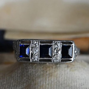 Sapphire Three Stone Ring, Blue Princess & Round Cut CZ Stone Antique Art Deco Ring, Vintage Inspired Engagement Ring, Edwardian Retro Ring