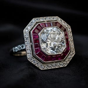 Pierścionek z cyrkoniami w stylu art déco z ośmiokątnym obrączką: pierścionek ślubny w stylu vintage z podwójną aureolą