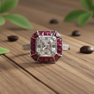 Vintage Style Halo Engagement Ring, Ruby Baguette & Asscher Cut CZ Stone Silver-Gold Ring, Edwardian Wedding Bridal Ring, Anniversary Gift