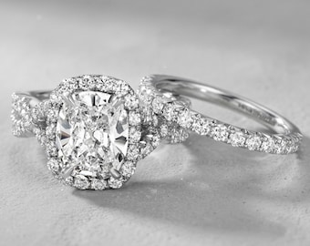 Cushion Moissanite Diamond Wedding Ring Set, Twisted Halo Ring With Half Eternity Band, 14K Gold Bridal Ring Set,Engagement Ring Set For Her