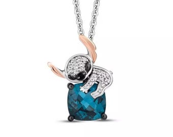 Cute Lilo & Stitch Pendant Necklace, Cartoon "Stitch" Pendant, Blue Topaz Cushion CZ Stone Two Tone Necklace, TV And Movie Character Jewelry