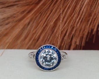 Blue Baguette CZ Halo Ring: Vintage Style Art Deco Sterling Silver
