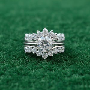 Solitaire Ring With Wrap Enhance Guard, White Gold Wedding Bridal Ring Set, Round Moissanite Diamond Engagement Ring Set, Matching Ring Set