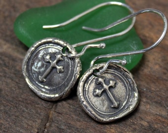 Cross Earrings Sterling Silver Wax Seal Style Earrings