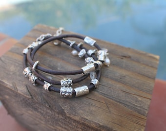 Leather and Sterling slide Bracelet Triple Wrap