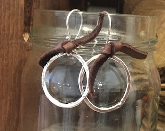Earrings Artisan Sterling And Leather Dangle Hoop