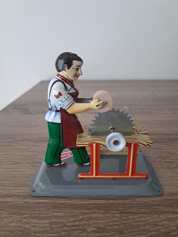 Vintage Wilesco Tin Toy Woodworker: Wind-up Circular Saw, Made in