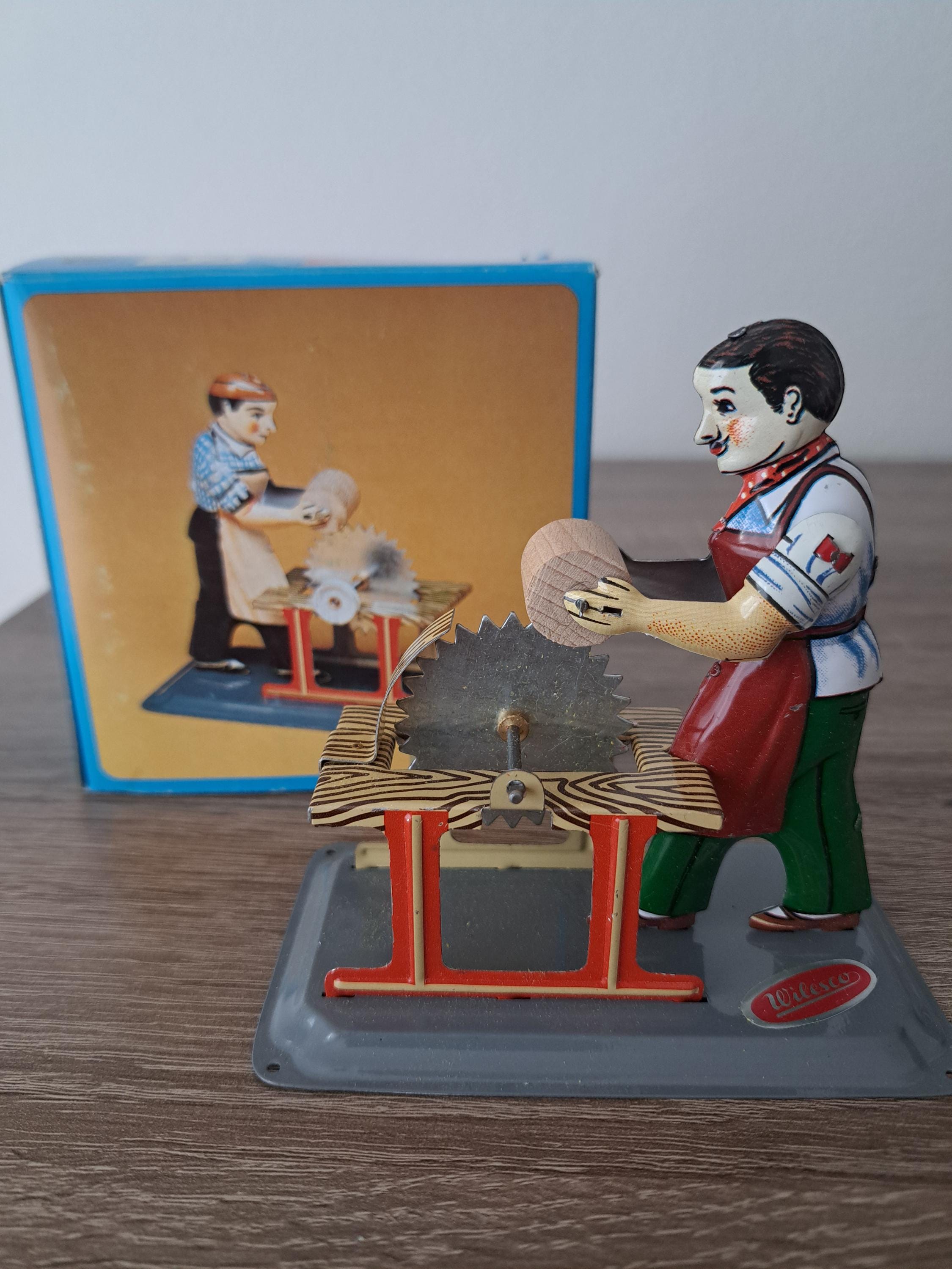 Vintage Wilesco Tin Toy Woodworker: Wind-up Circular Saw, Made in