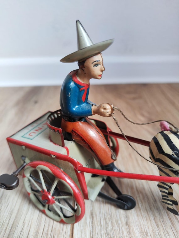 Vintage Lehmann NA-NU Wind-up Tin Toy, German Zebra Cart - Etsy