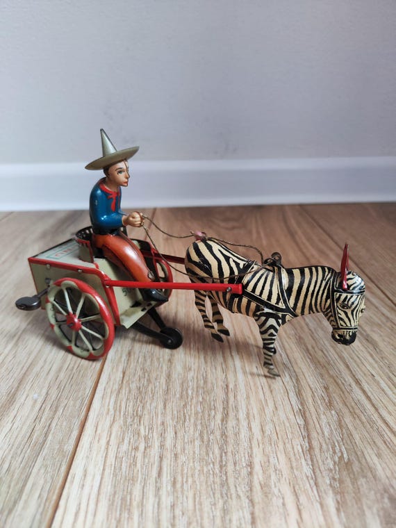 Vintage Lehmann NA-NU Wind-up Tin Toy, German Zebra Cart - Etsy