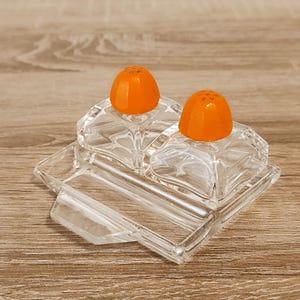 Salero y pimentero de vidrio vintage, diseño retro con tapas naranjas, salero y pimentero de vidrio retro con tapas brillantes, decoración de cocina