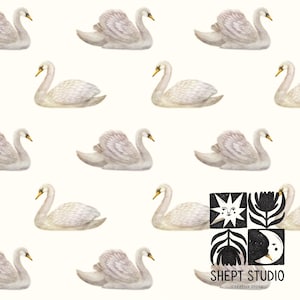 May include: A repeating pattern of white swans with gray shading, yellow beaks, and a cream-colored background. The swans are in a swimming position. The image includes the text "SHEPT STUDIO CREATIVE STORE" in a black and white square.