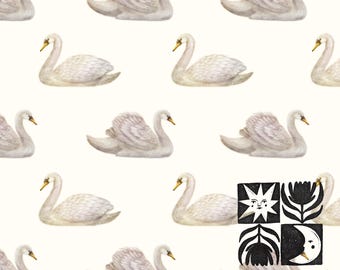 Patrón minimalista de cisnes sin costuras, elegante repetición de cisnes blancos, estilo vintage suave y neutro, descarga digital, uso comercial.