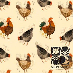 Może przedstawiać: Powtarzający się wzór z ilustracjami kur i kogutów w odcieniach brązu, szarości i pomarańczy, na kremowym tle. Projekt zawiera elementy niebieskie, takie jak księżyce i gwiazdy, z tekstem "SHEPT STUDIO CREATIVE STORE".