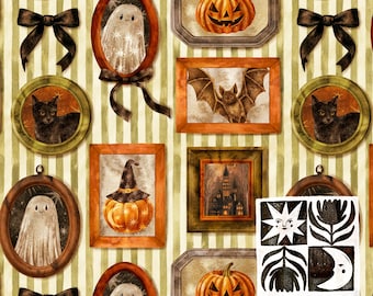 Patrón sin costuras de marcos espeluznantes para Halloween, fantasmas adorables, diseños espeluznantes, calabaza, gato de Halloween, descarga digital, uso comercial