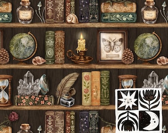 Estantería estilo Dark Academia con diseño sin costuras, estanterías de biblioteca vintage con libros, cristales y objetos botánicos, para uso comercial.
