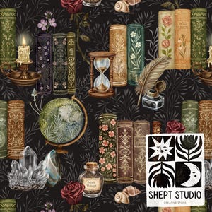 May include: A dark background with a repeating pattern of vintage books, hourglasses, globes, crystals, roses, and seashells. A candle in a brass holder, a quill, and an inkwell are also present. The image includes the text "Moth Wings" and "SHEPT STUDIO CREATIVE STORE".