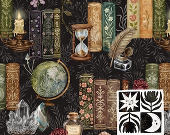 Patrón sin costuras de estilo Dark Academia con libros, cristales, globo terráqueo y vela, diseño botánico de biblioteca vintage.