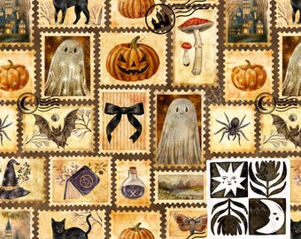 Patrón sin costuras de Halloween, papel digital con sellos postales retro, fantasmas, calabazas, gatos negros, murciélagos, postal espeluznante vintage