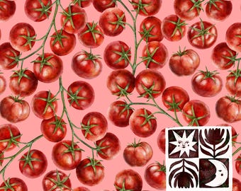 Patrón sin costuras de tomates en acuarela, tomates rojos en rama, fondo rosa, papel digital rústico, descarga instantánea, uso comercial